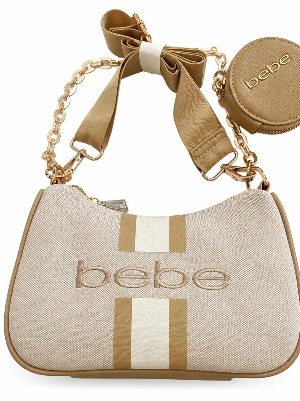 Bebe Canvas Stripe Shoulder Bag w/ Coin Purse Almond Beige Y2K‎ NWT